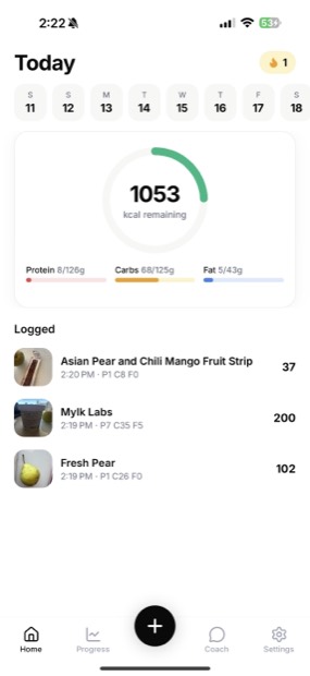 KalTrack Today screen showing calories remaining and protein, carbs and fat bars